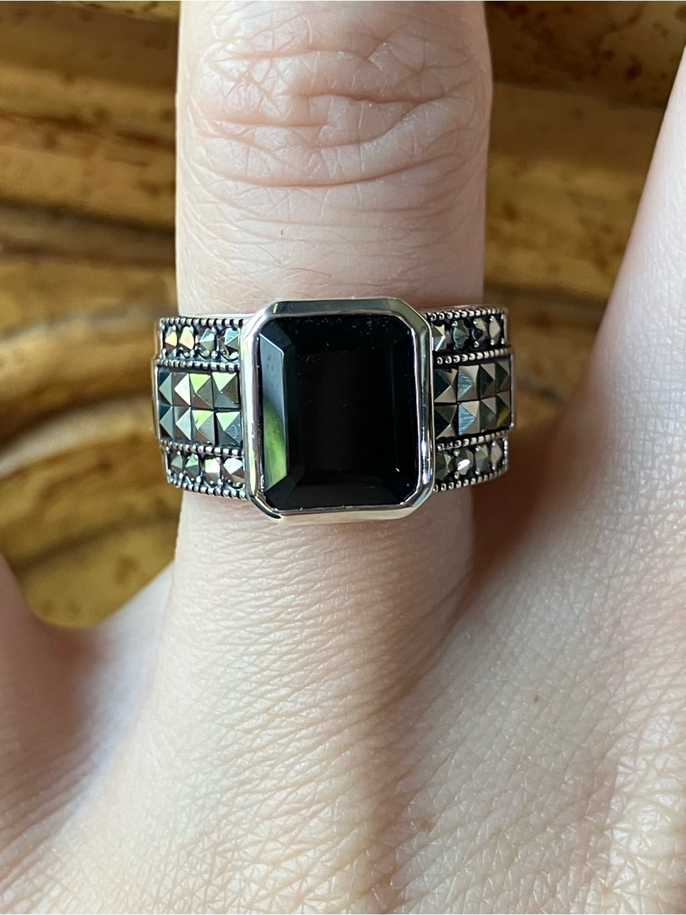 Natural Black Spinel Marcasite Ring Size 6